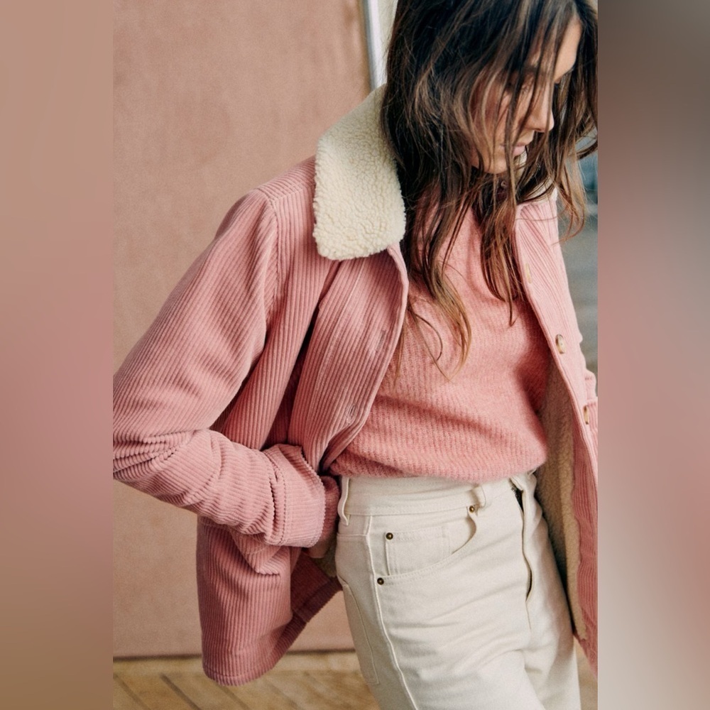 Sezane Will Jacket corduroy rosewood sheepskin collar NWT